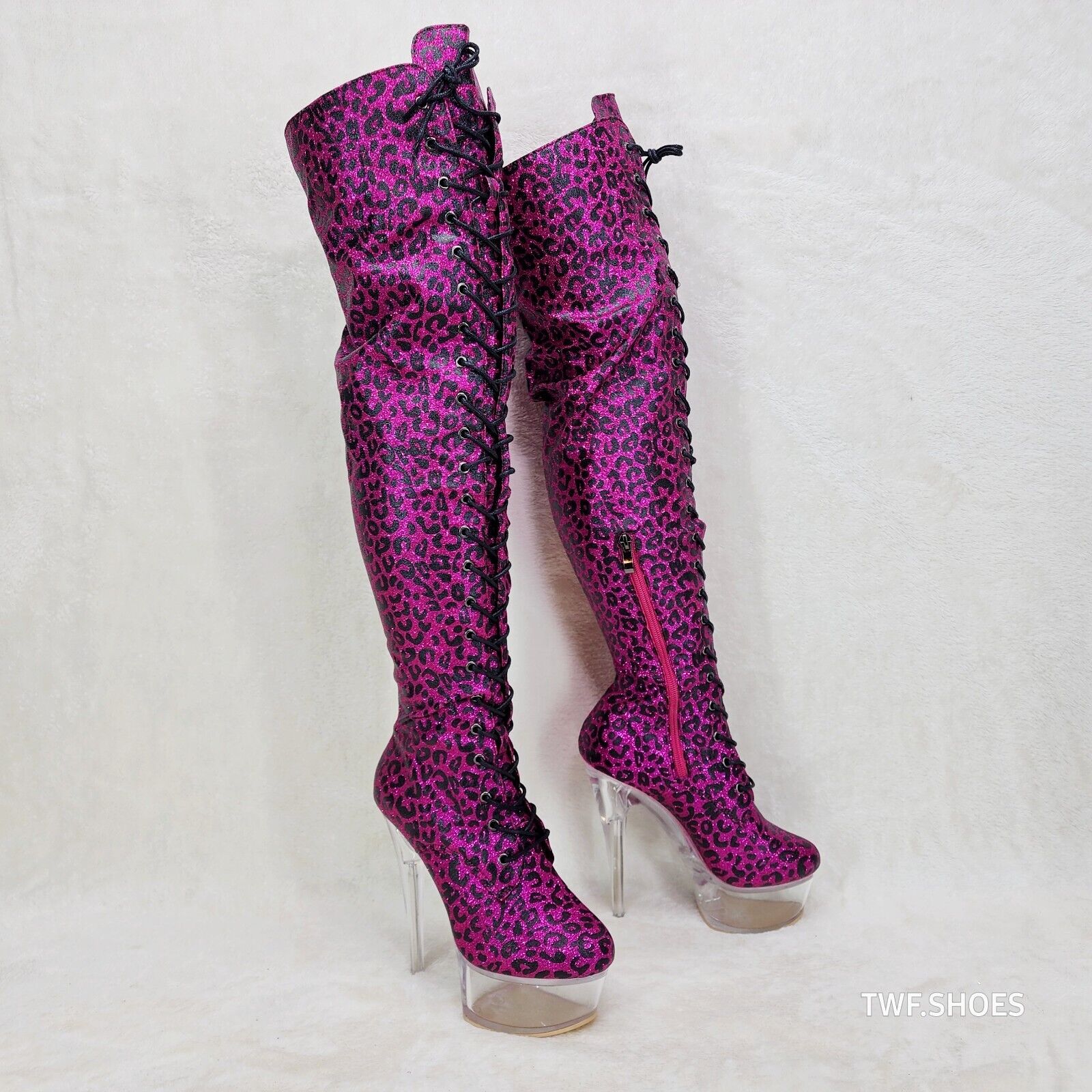 Bulls Hot Pink Leopard Glitter Over the Knee Clear Platform High Heel Thigh Boot - Totally Wicked Footwear