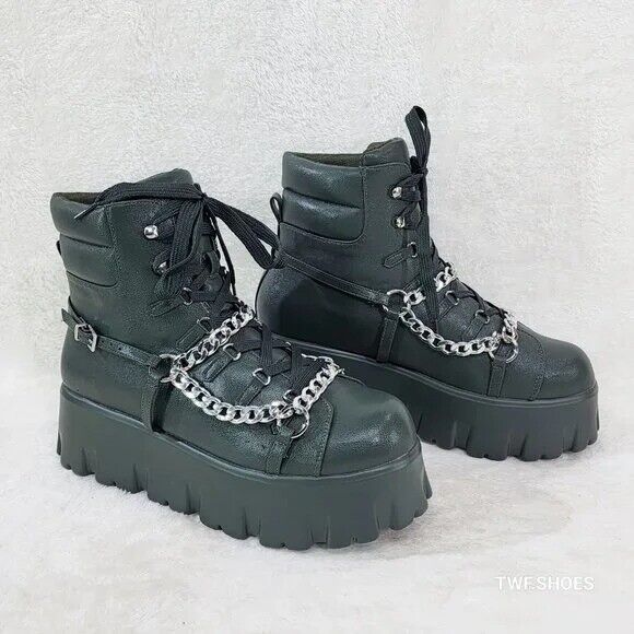 Emo Stomp 2" Platform Stomper Ankle Boots With Chain Design Faux Leather Green - Totally Wicked Footwear