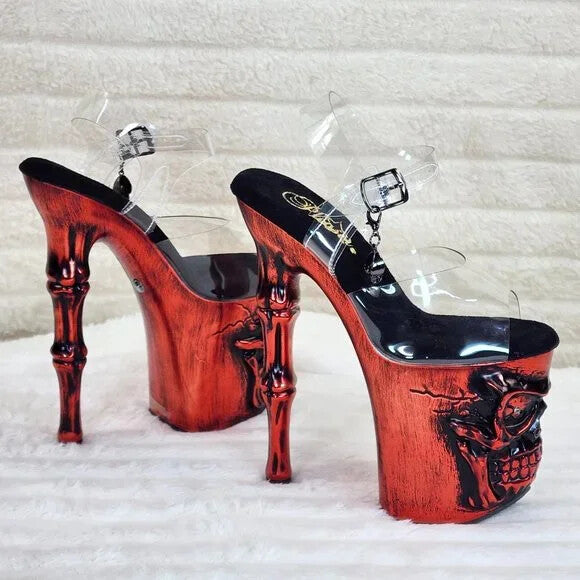 Rapture Clear Metallic Red Skull & Bones 8" High Heel Platform Shoes - Totally Wicked Footwear