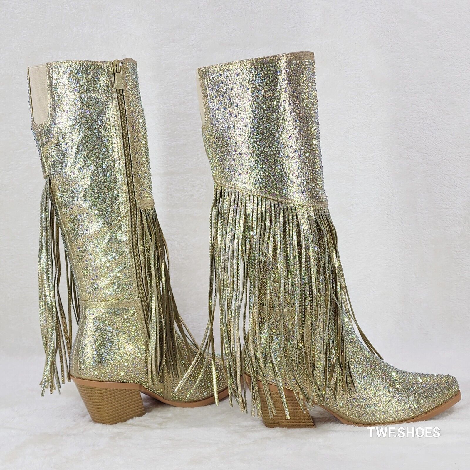 Western Diva Gold Asymmetrical Fringe Rhinestone Glam Cowgirl Boots - Totally Wicked Footwear