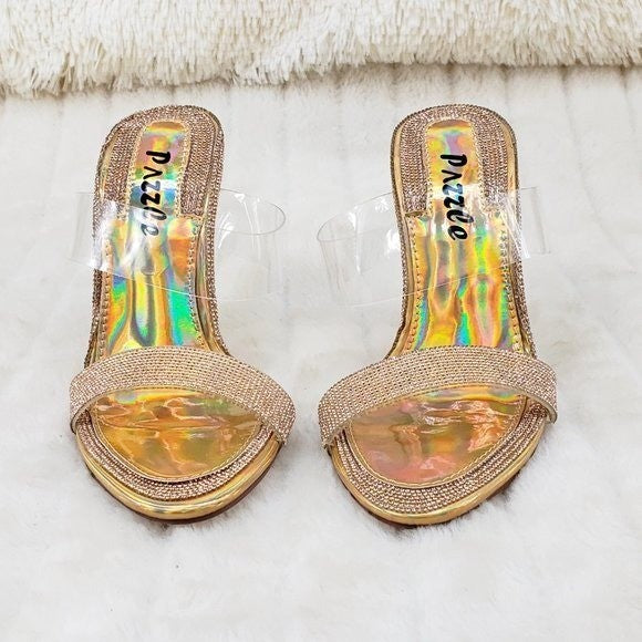 Lee Gold Rhinestone Slip On Double Strap High Heel Clog Mule Shoes