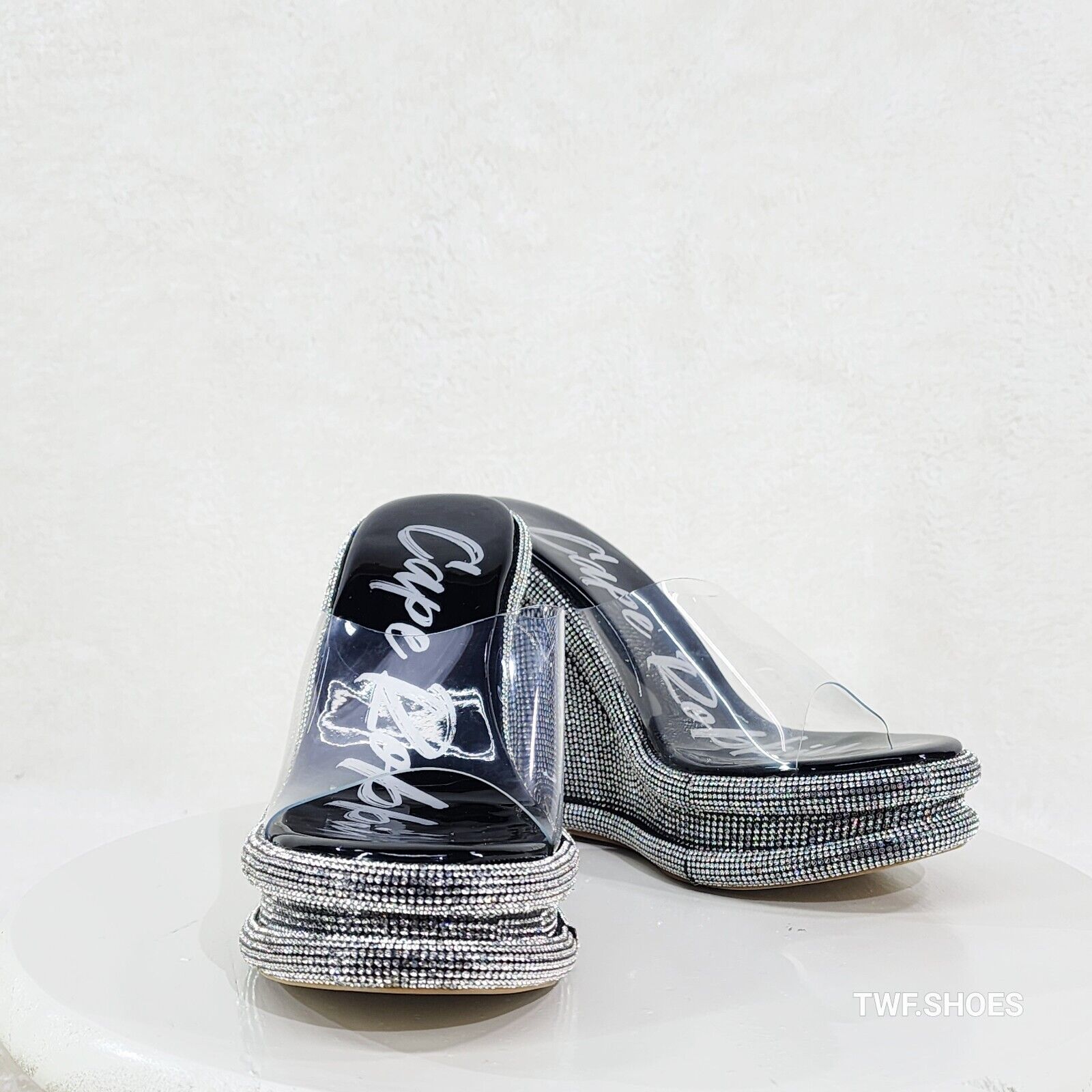 Zesty Black Silver Rhinestone Platform Wedge Heel Slip On Sandals - Totally Wicked Footwear
