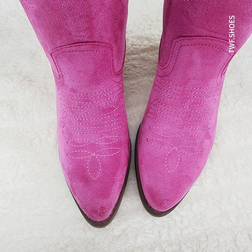 Wild Ones Fuchsia Pink Faux Suede Pull On Mid Calf Cowboy Cowgirl Boots - Totally Wicked Footwear