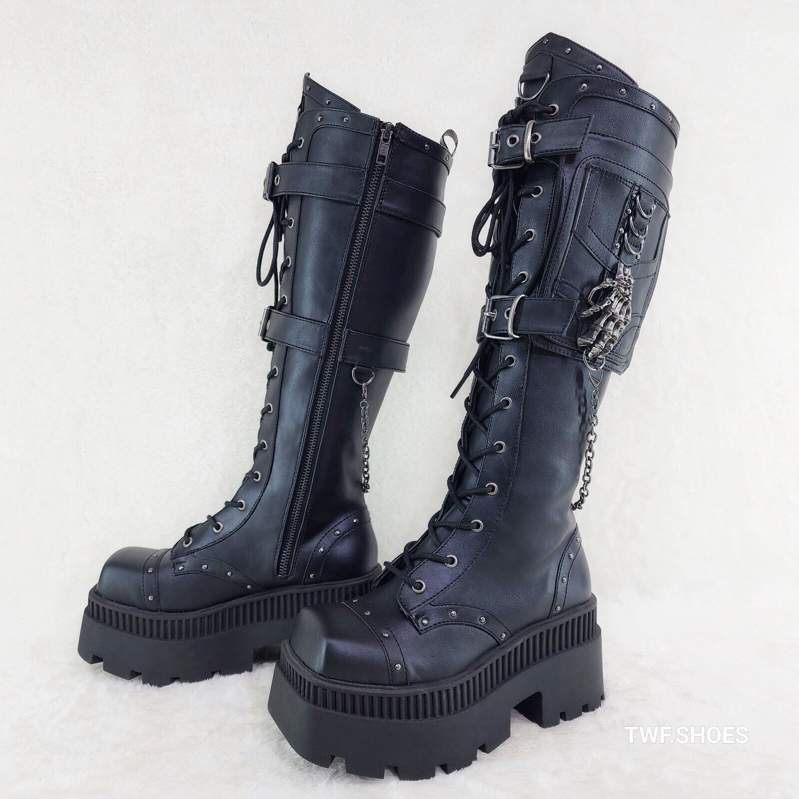 Wicked Wrath Square Toe Goth Lace Up Knee High Boots Skull Hand In House DEMONIA - Totally Wicked Footwear