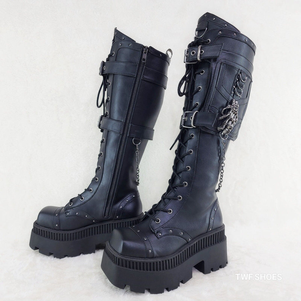 Wicked Wrath Square Toe Goth Lace Up Knee High Boots Skull Hand In House DEMONIA