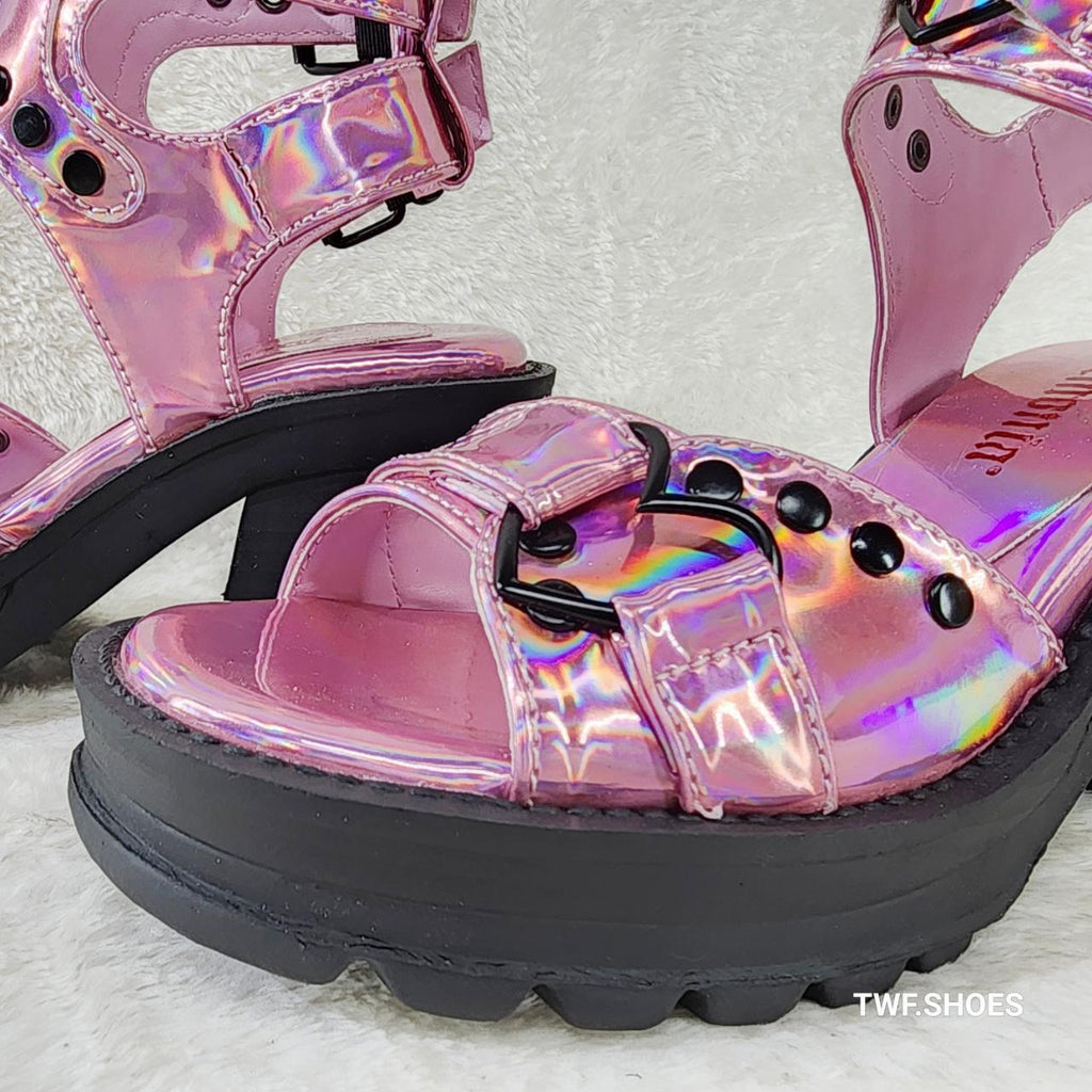 Bratty Pink Hologram Block Heel Goth Punk Platform Sandals In House NY DEMONIA - Totally Wicked Footwear