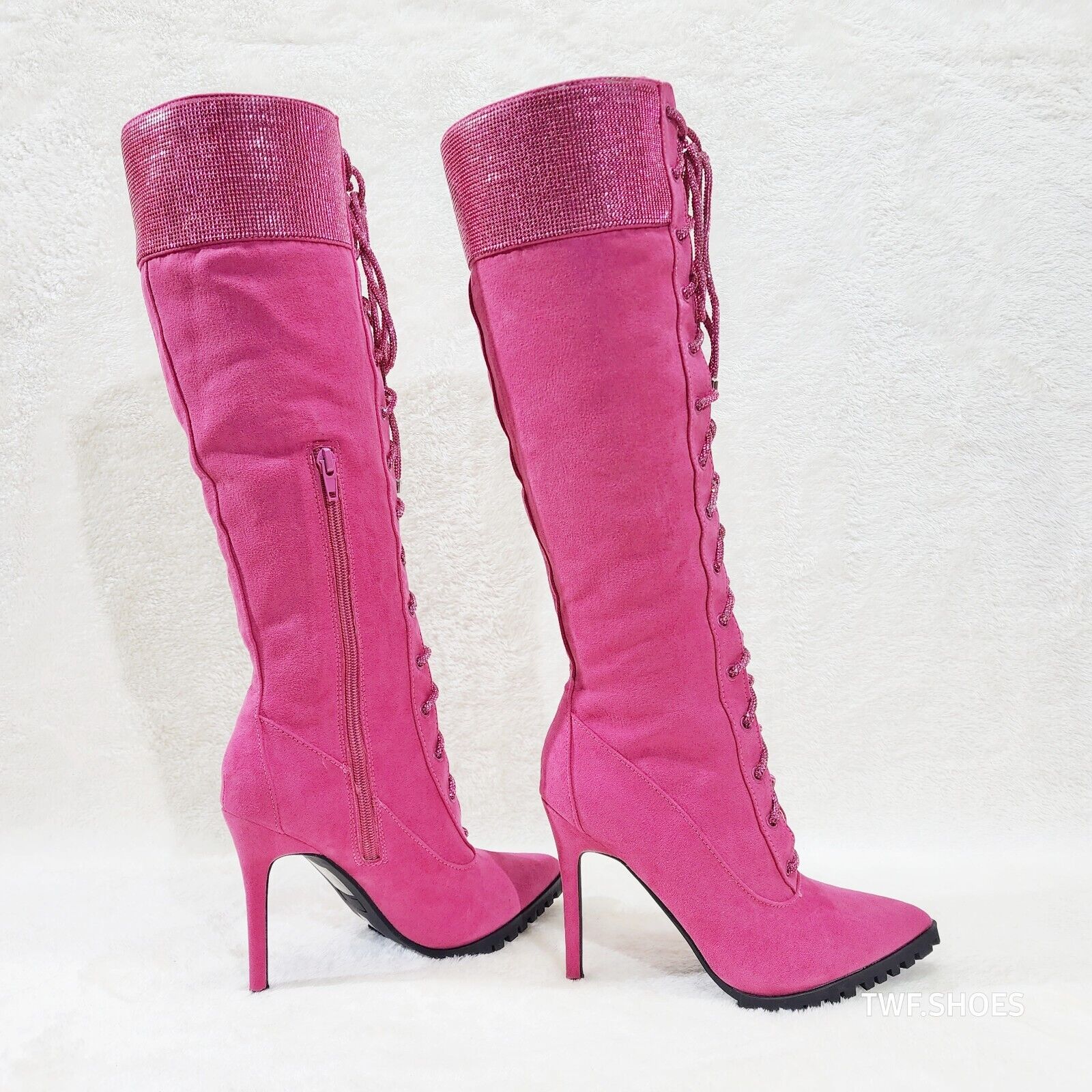 Queens FX Suede & Rhinestone Pointy Toe High Heels Stiletto Lace Up Knee Boots - Totally Wicked Footwear