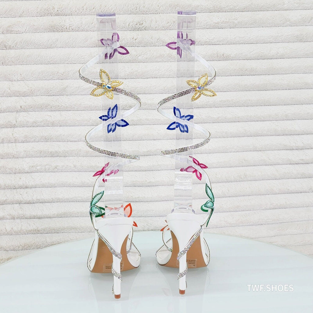 Fly Girl White Upper & Rhinestones Multi Color Butterfly Wrap Strap High Heels - Totally Wicked Footwear