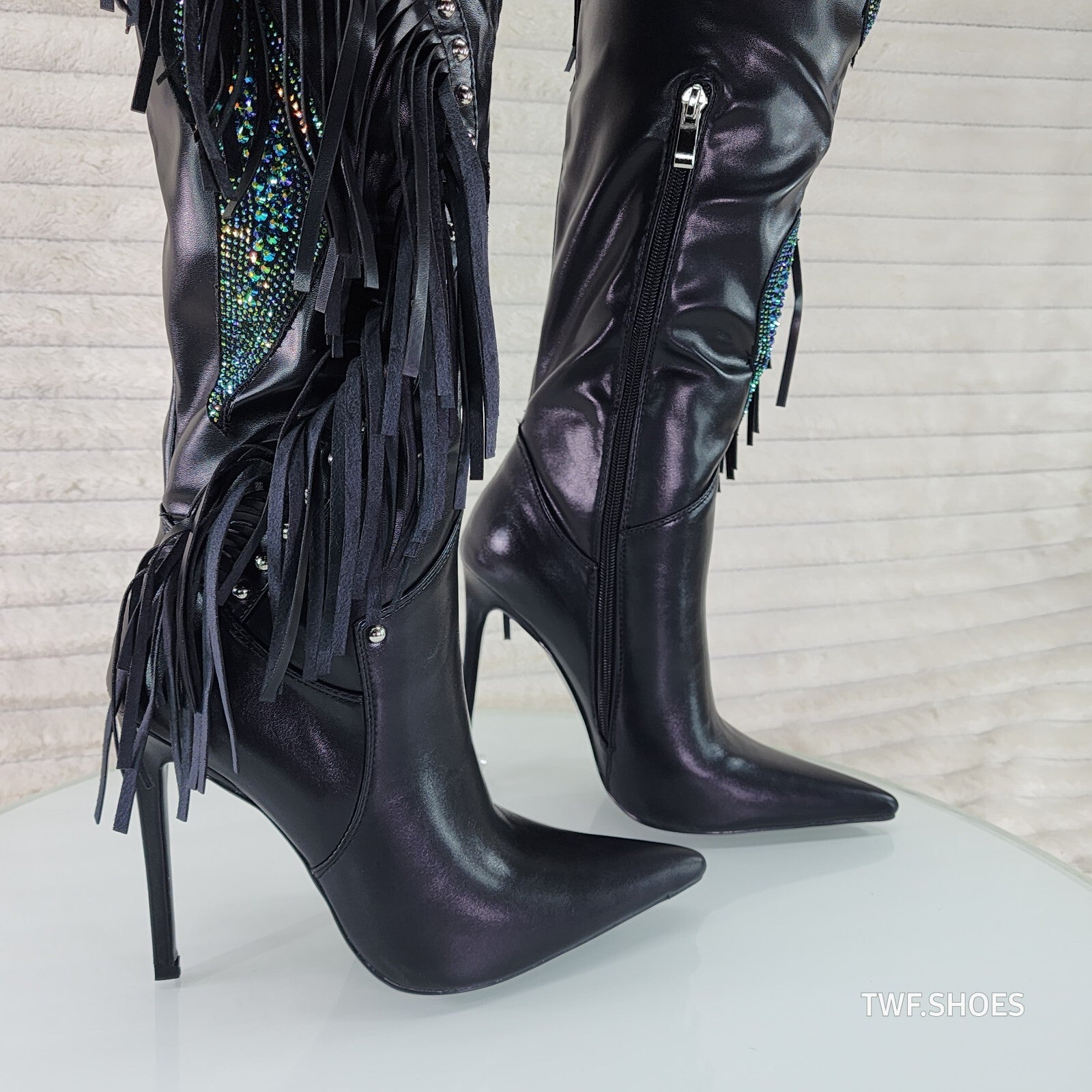 Frenzy Black Fringe Rhinestone Over The Knee Thigh Boots Azalea Wang