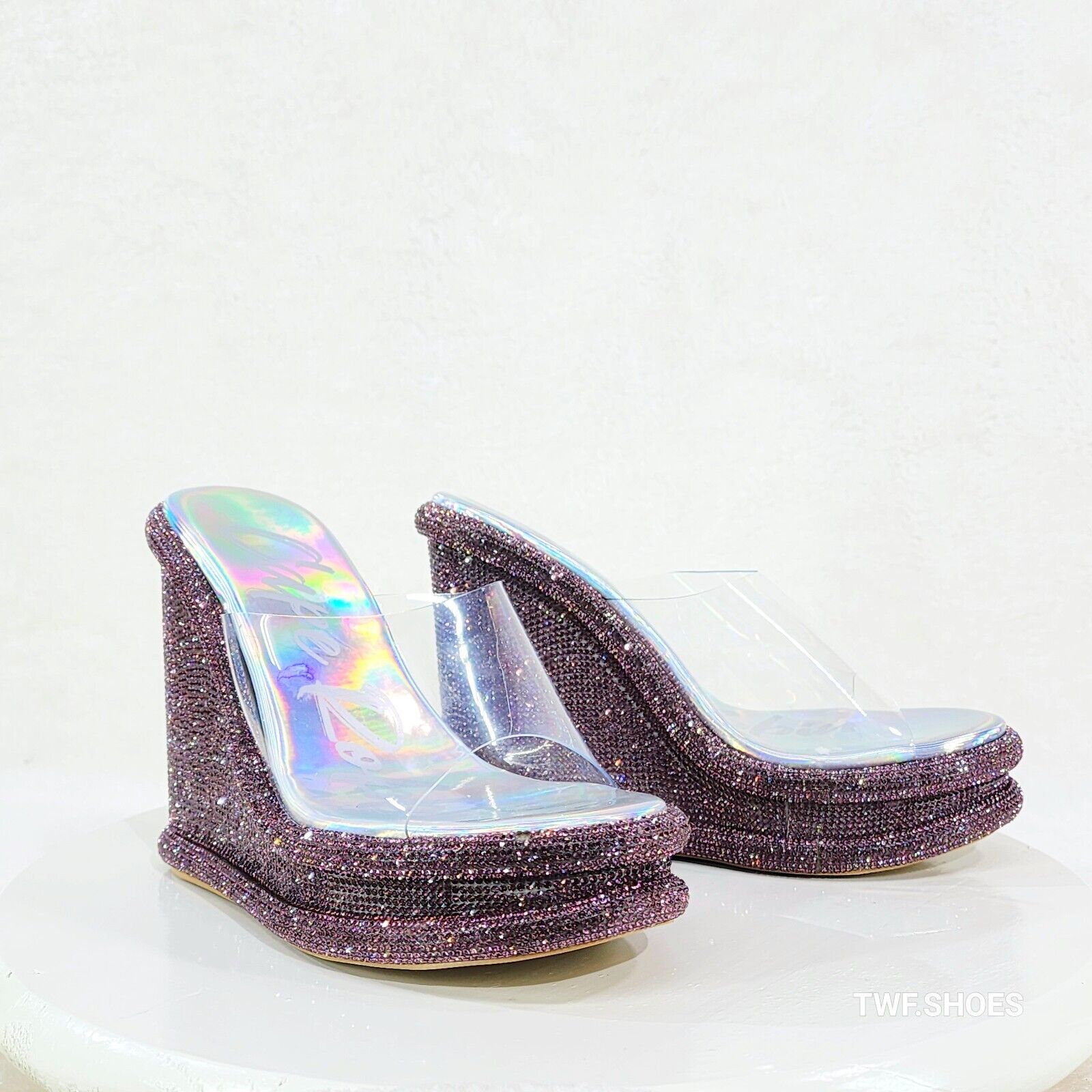 Zesty Purple Hologram Rhinestone Platform Wedge Heel Slip On Sandals - Totally Wicked Footwear
