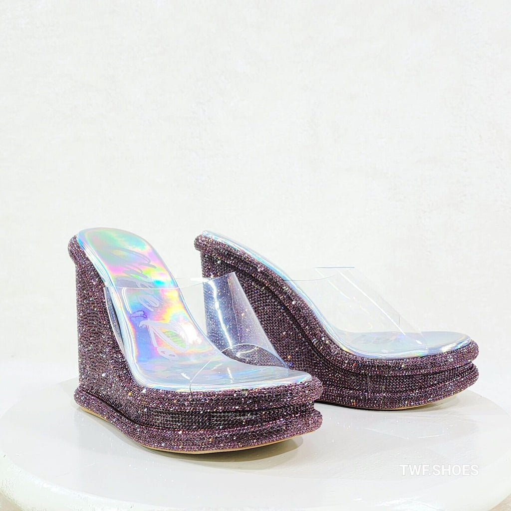 Zesty Purple Hologram Rhinestone Platform Wedge Heel Slip On Sandals