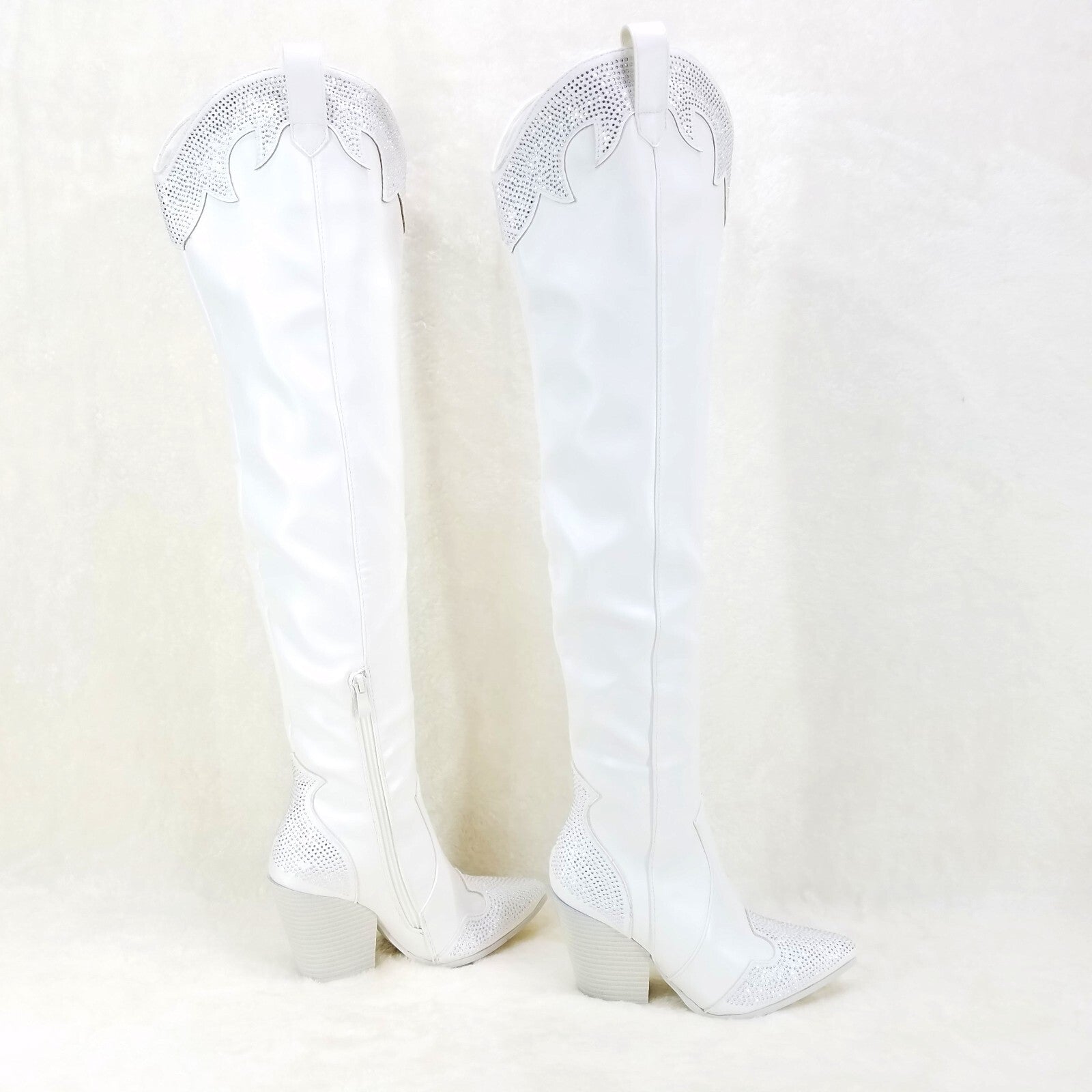 Primal Country Western Sexy White OTK Thigh Boots With Rhinestone Trims