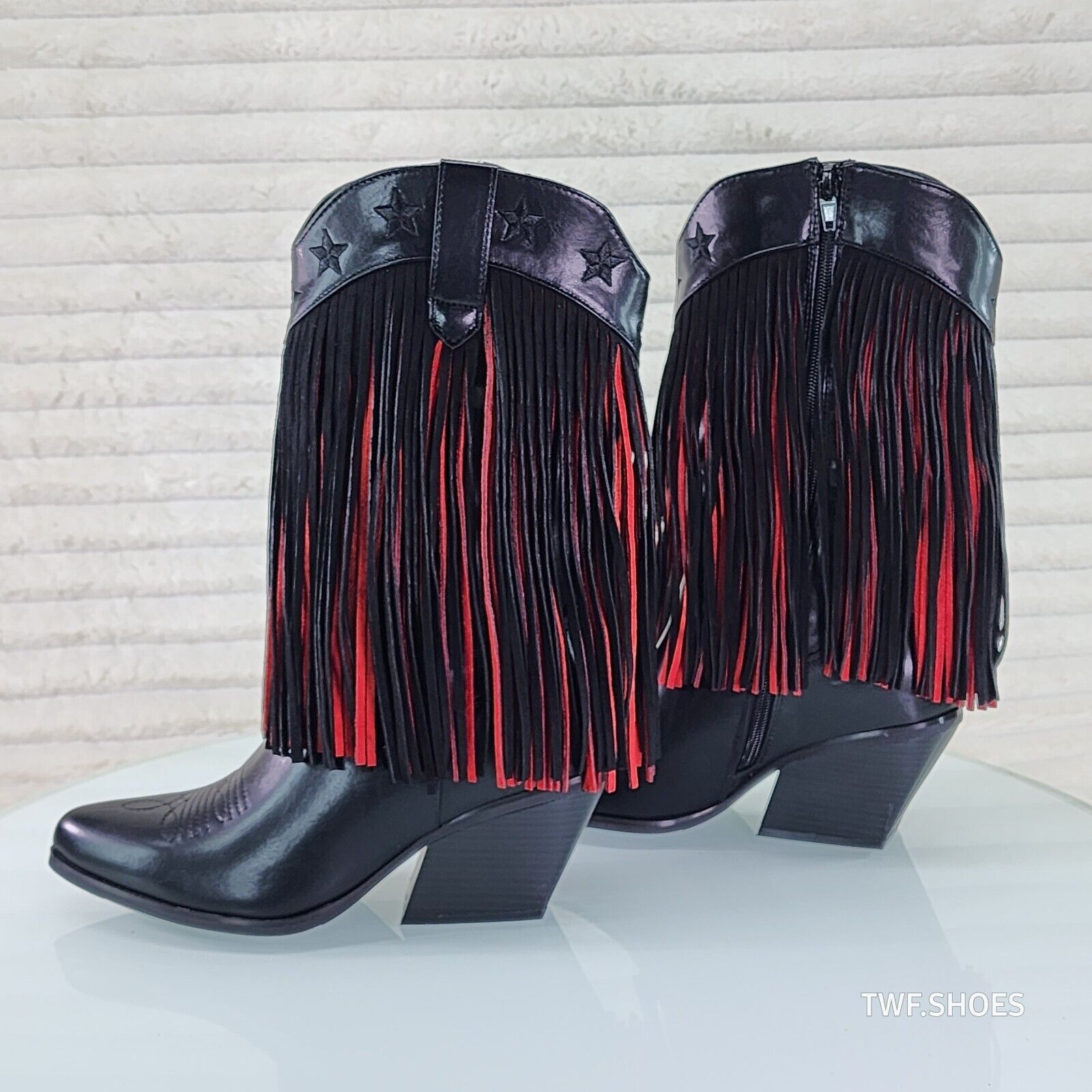 Dusty Roads Mid Calf Black and Red Fringe Country Western Cowgirl Boots - Totally Wicked Footwear