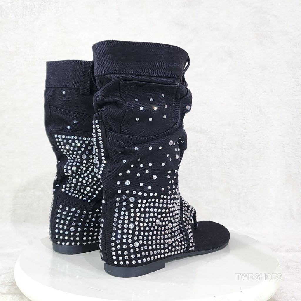 Perplex Black Denim & Rhinestones Sandal Slouch Boots Shooties