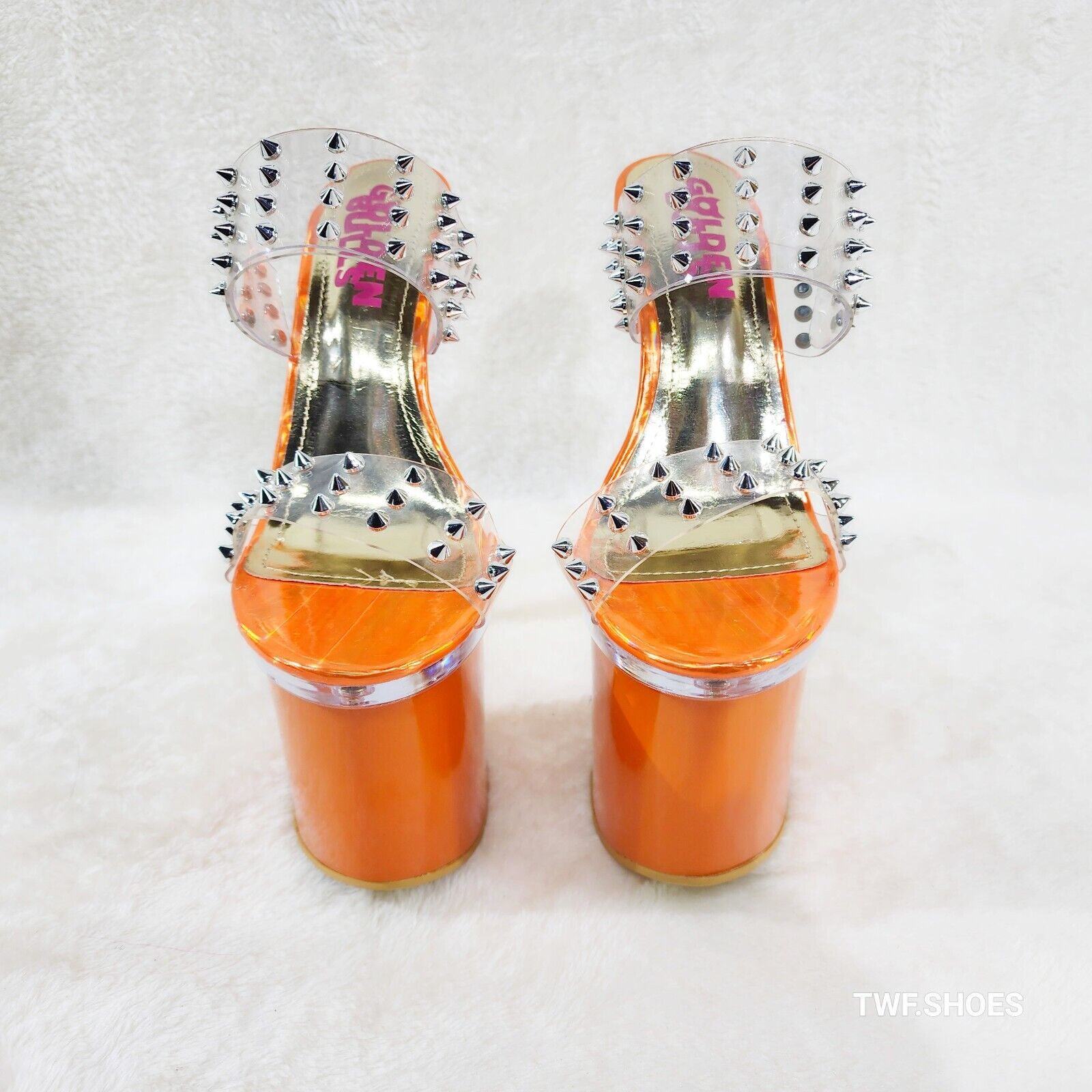 Bulls Sleek Slim 8" Towering Platform Heels Orange Double Clear Spiked Straps - Totally Wicked Footwear