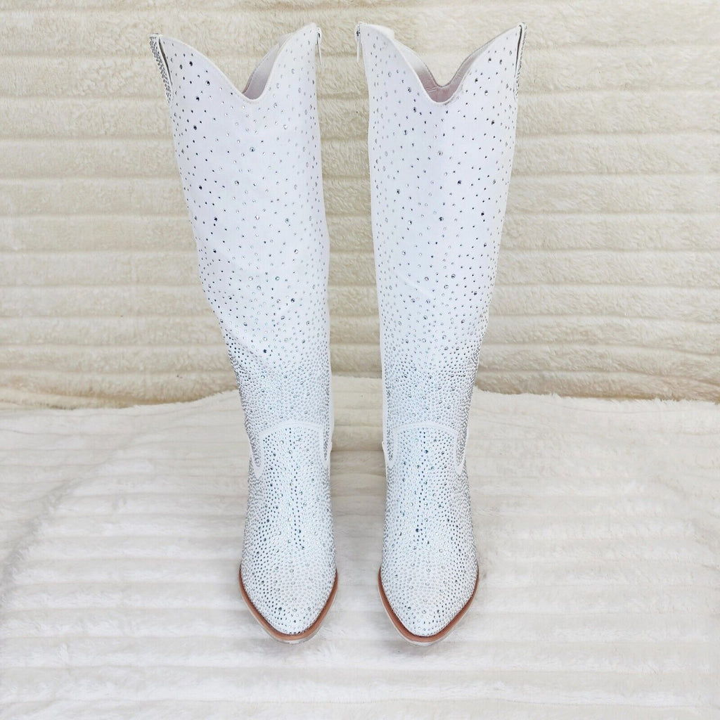 Wild Ones White Glamour Cowboy Rhinestone Cowgirl Wedding Knee Boots Tuck Zip - Totally Wicked Footwear