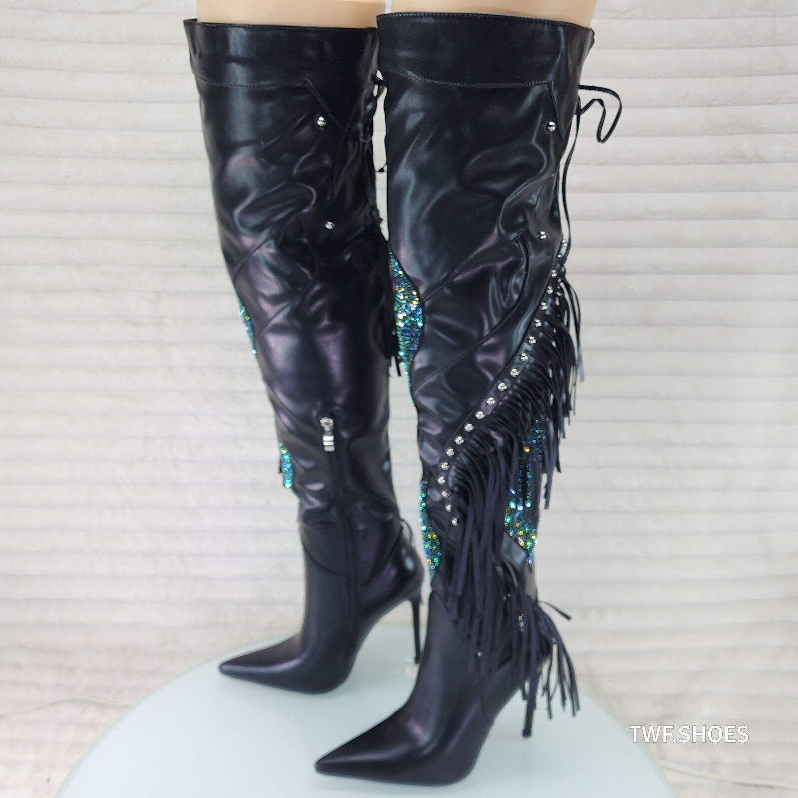 Frenzy Black Fringe Rhinestone Over The Knee Thigh Boots Azalea Wang - Totally Wicked Footwear