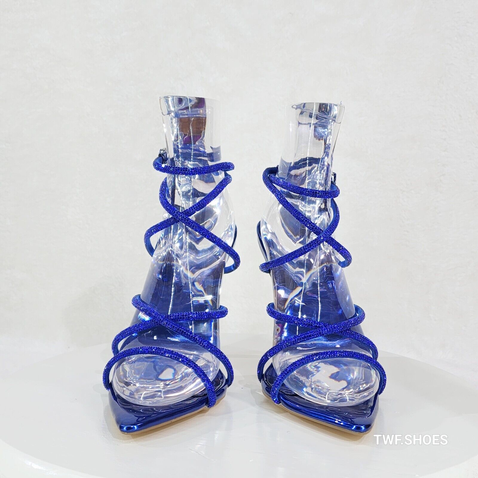 Party Town Blue Metallic Strappy Rhinestone Pointy Toe High Heels - Totally Wicked Footwear