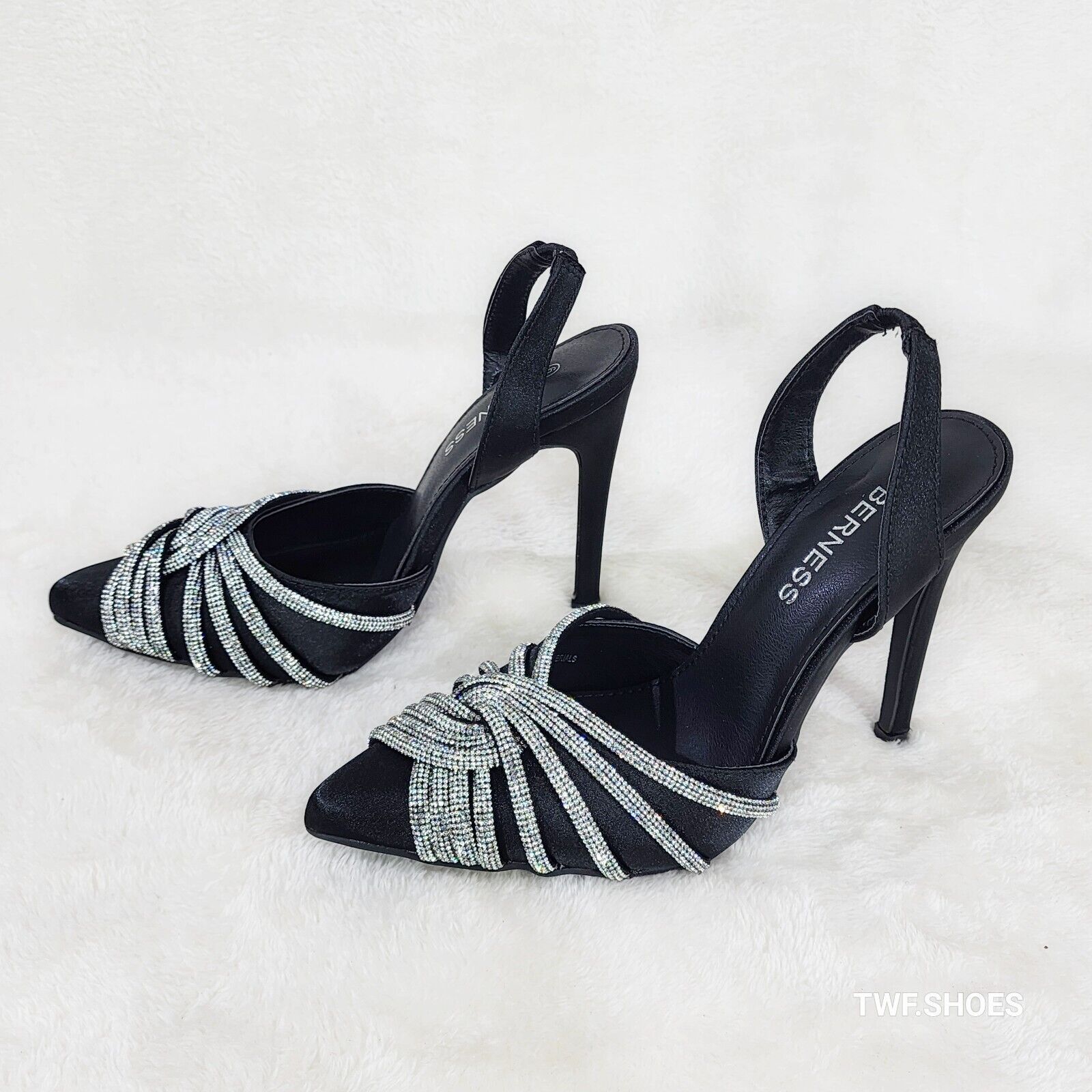 Elegance Slip on Slingback Black Satin Rhinestone Pointy Toe High Heels Shoes - Totally Wicked Footwear