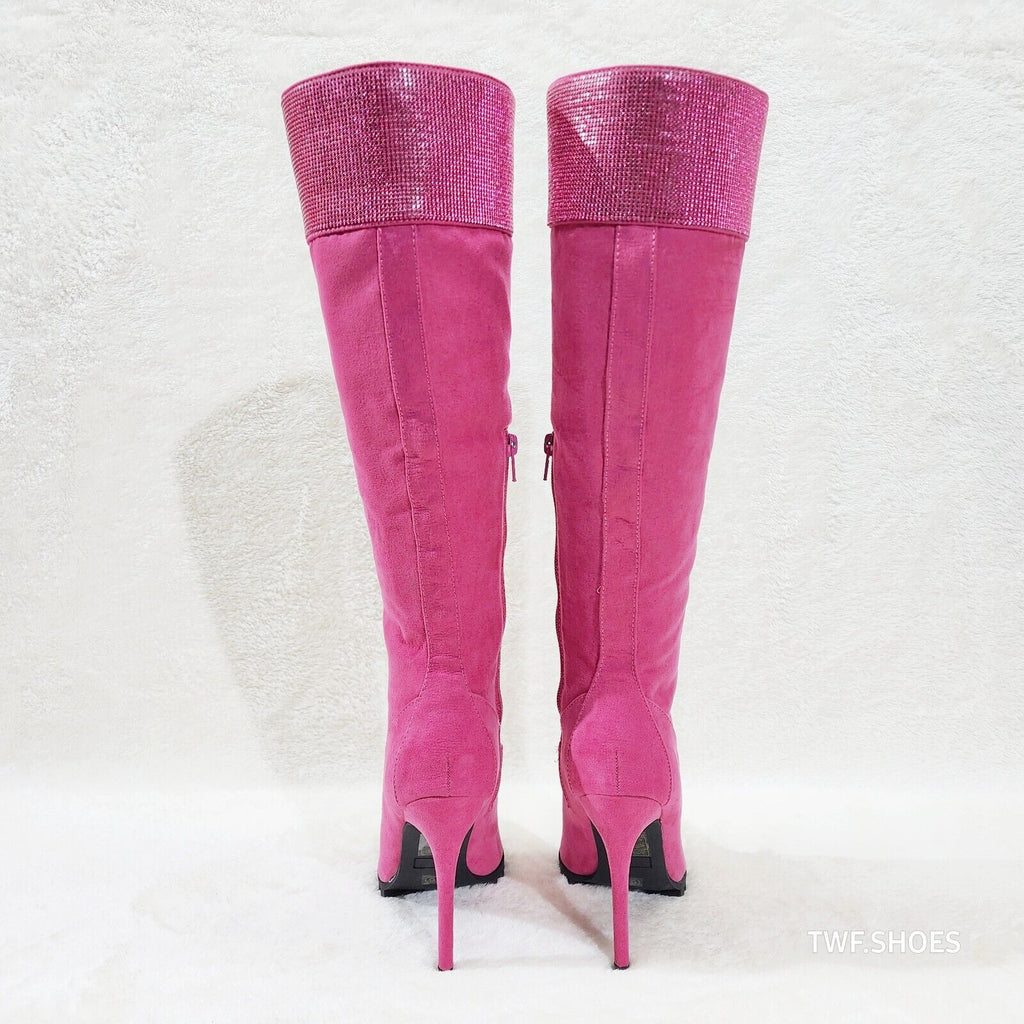 Queens FX Suede & Rhinestone Pointy Toe High Heels Stiletto Lace Up Knee Boots - Totally Wicked Footwear