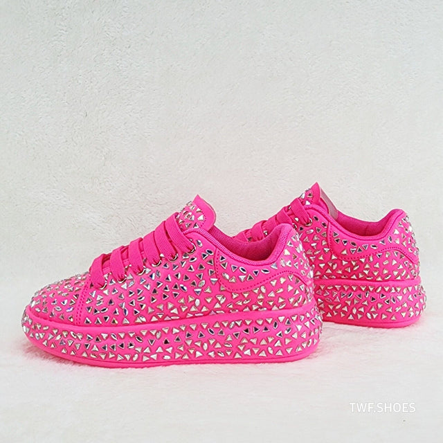 Dazzle Cush Bright Hot Pink Neon Rhinestone Comfy Platform Sneakers Tennis  Shoes