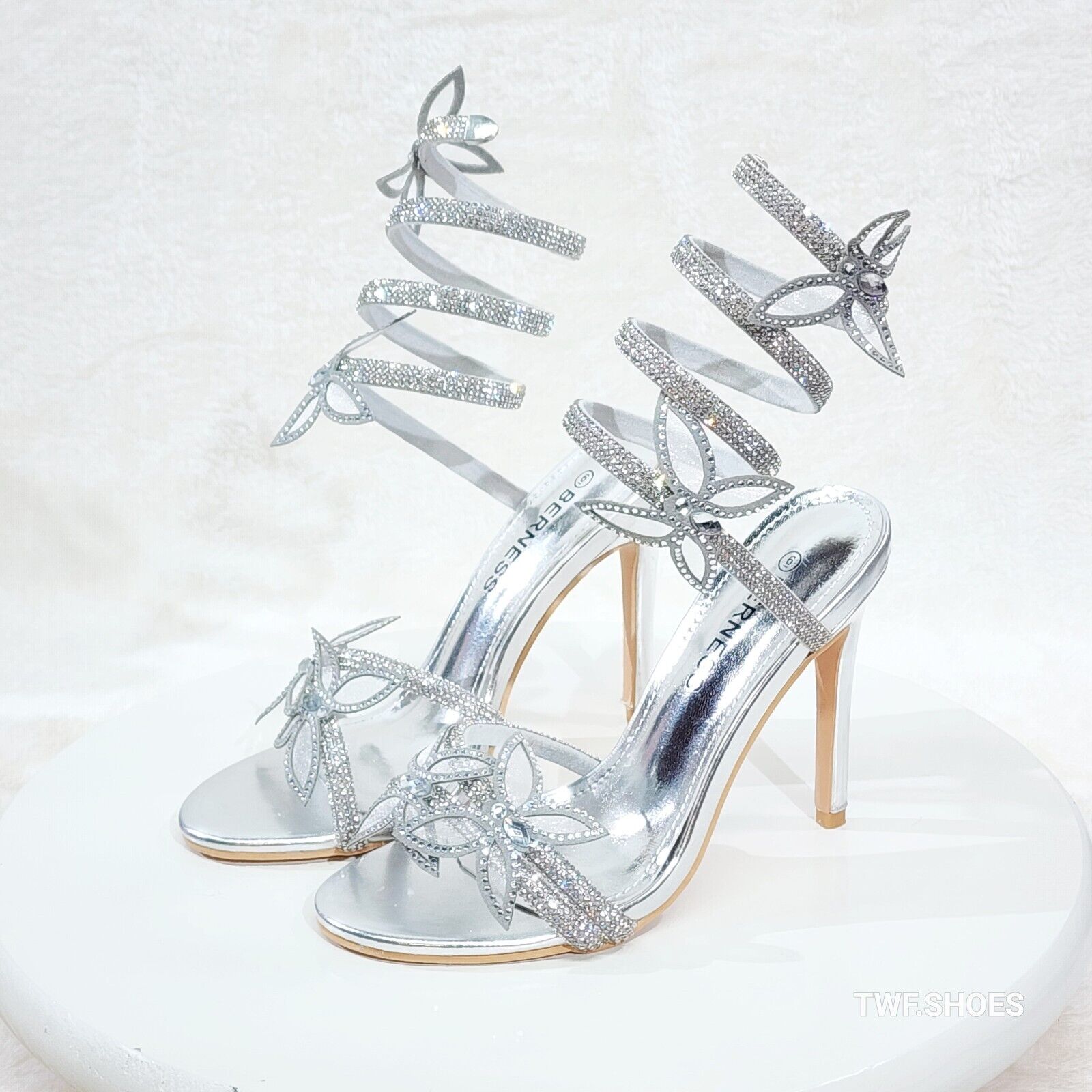 Fly Girl 2 Silver Upper Rhinestone Butterfly Wrap Strap 4" Stiletto High Heels - Totally Wicked Footwear