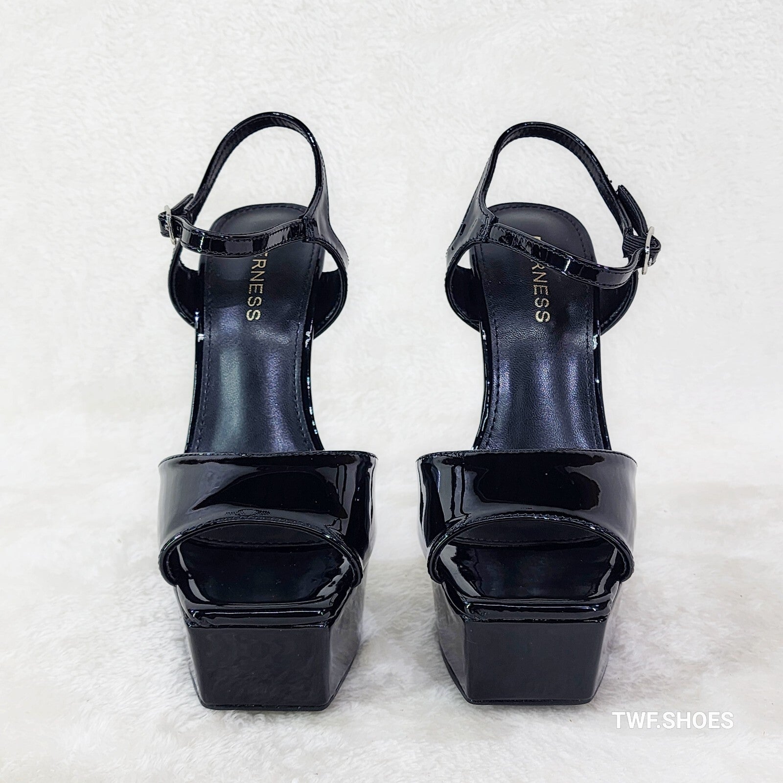 Gwen Glossy Black Patent Platform Open Toe 6" Stiletto High Heel Shoes
