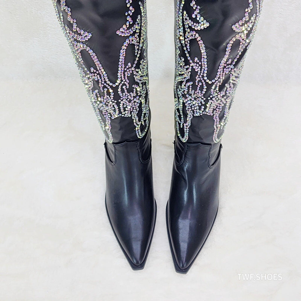 Razzle Black Country Western Cowgirl Knee Boots Rhinestone Dazzle - Totally Wicked Footwear