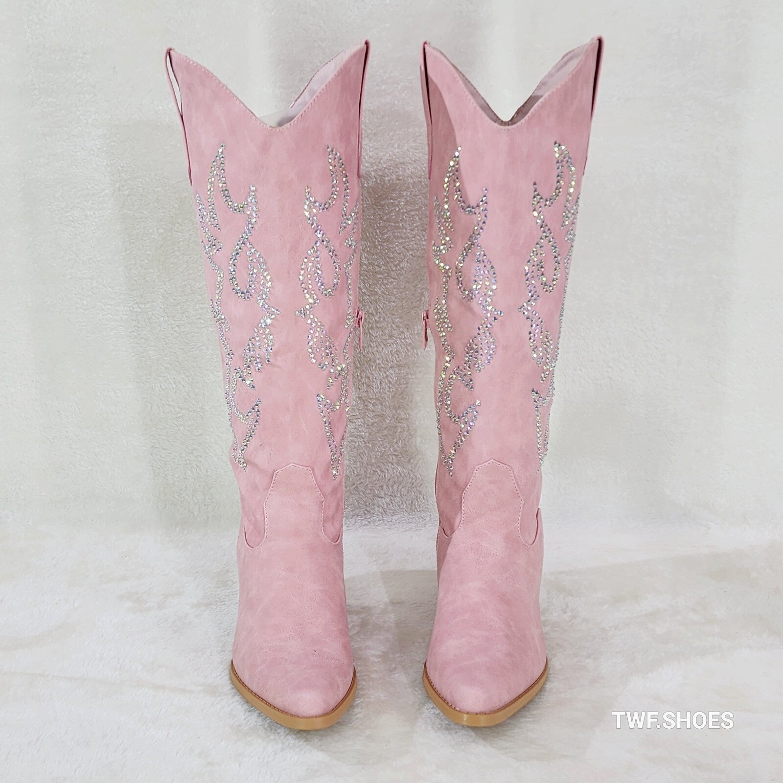Ann Pink Leatherette With Rhinestones Country Glam Western Cowgirl Knee Boots