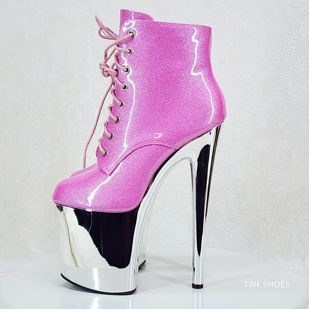 Bulls Pink Glitter Patent Chrome Platform High Heel Ankle Boots - Totally Wicked Footwear