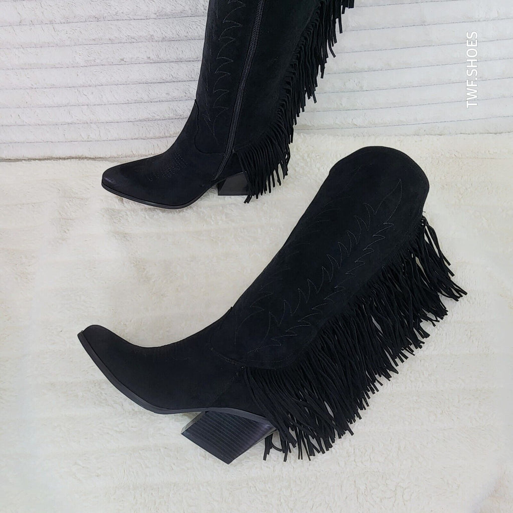Dusty Roads Black Faux Suede Back Fringe Western Cowgirl Boots - Totally Wicked Footwear