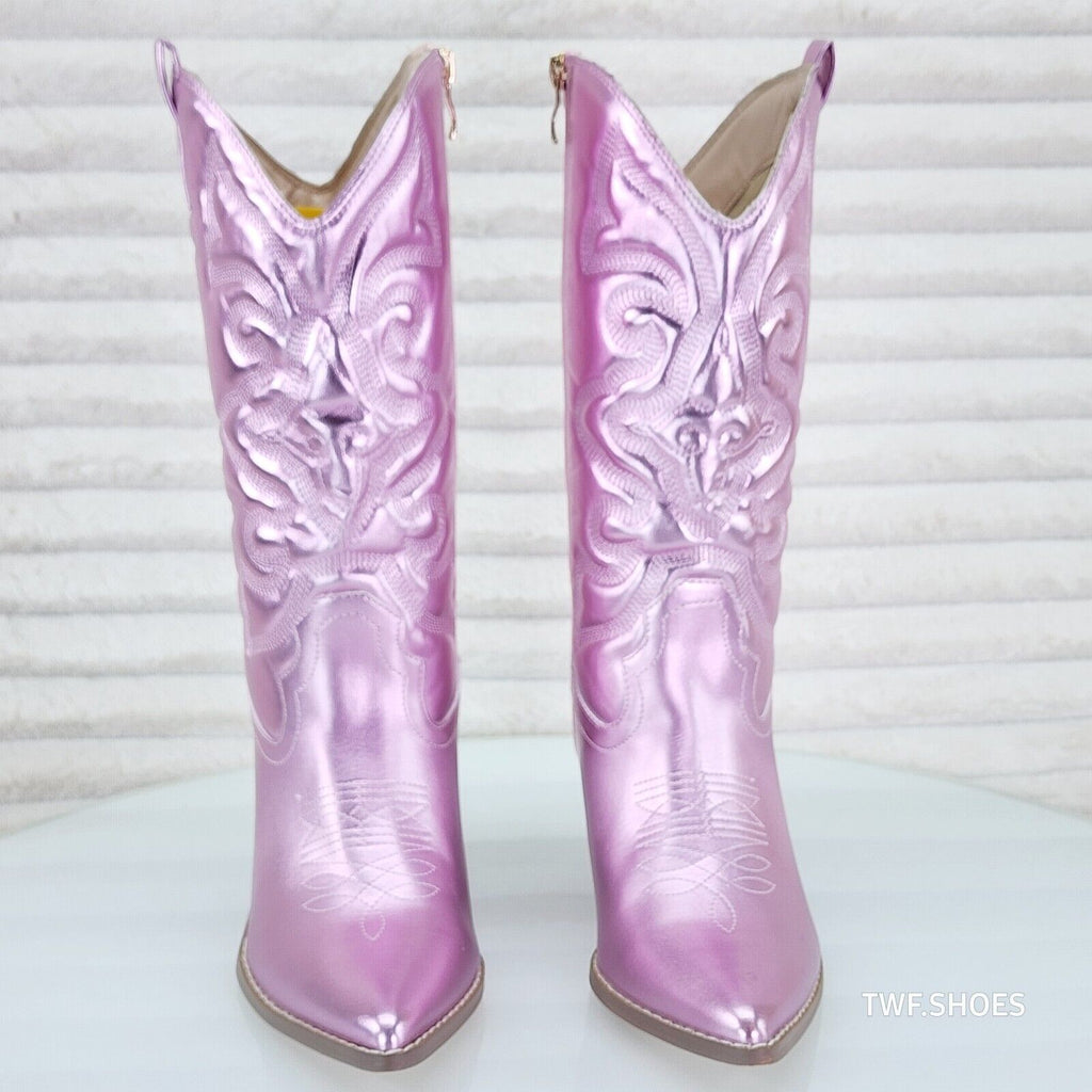 Electric Mid Calf Cowboy Metallic Baby Pink Matte Western Cowgirl Boots - Totally Wicked Footwear