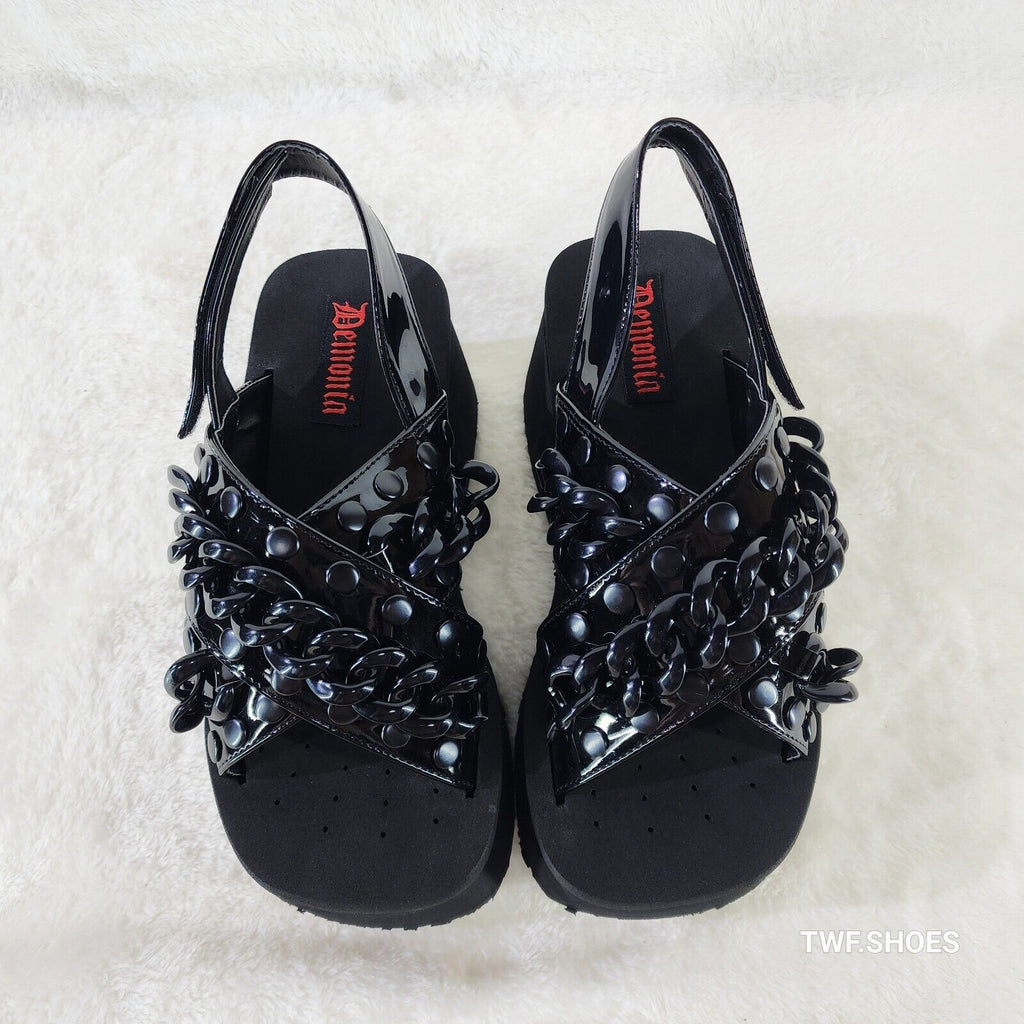 Funn 12 Black Patent Chain Wedge Platform Goth Slingback Strap Sandals Shoe - Totally Wicked Footwear
