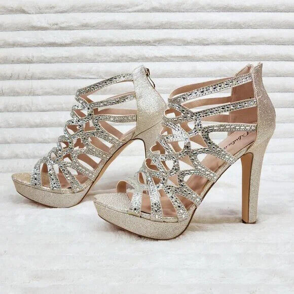 SELENE 4.5" High Heel Platform Shoe Cutout Cage Rhinestones Shimmery Champagne - Totally Wicked Footwear