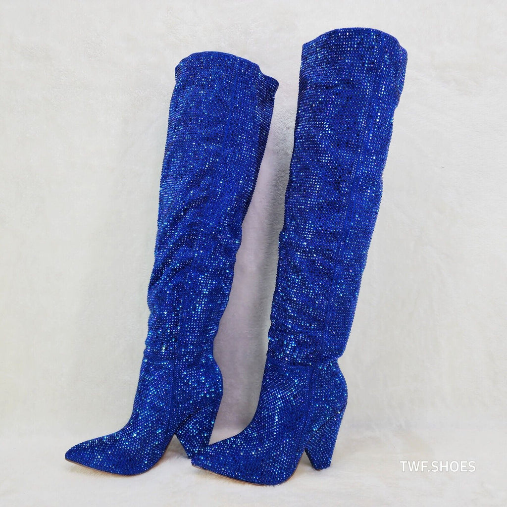 Vegas Blue Rhinestone Over the Knee Thigh boots 4.25