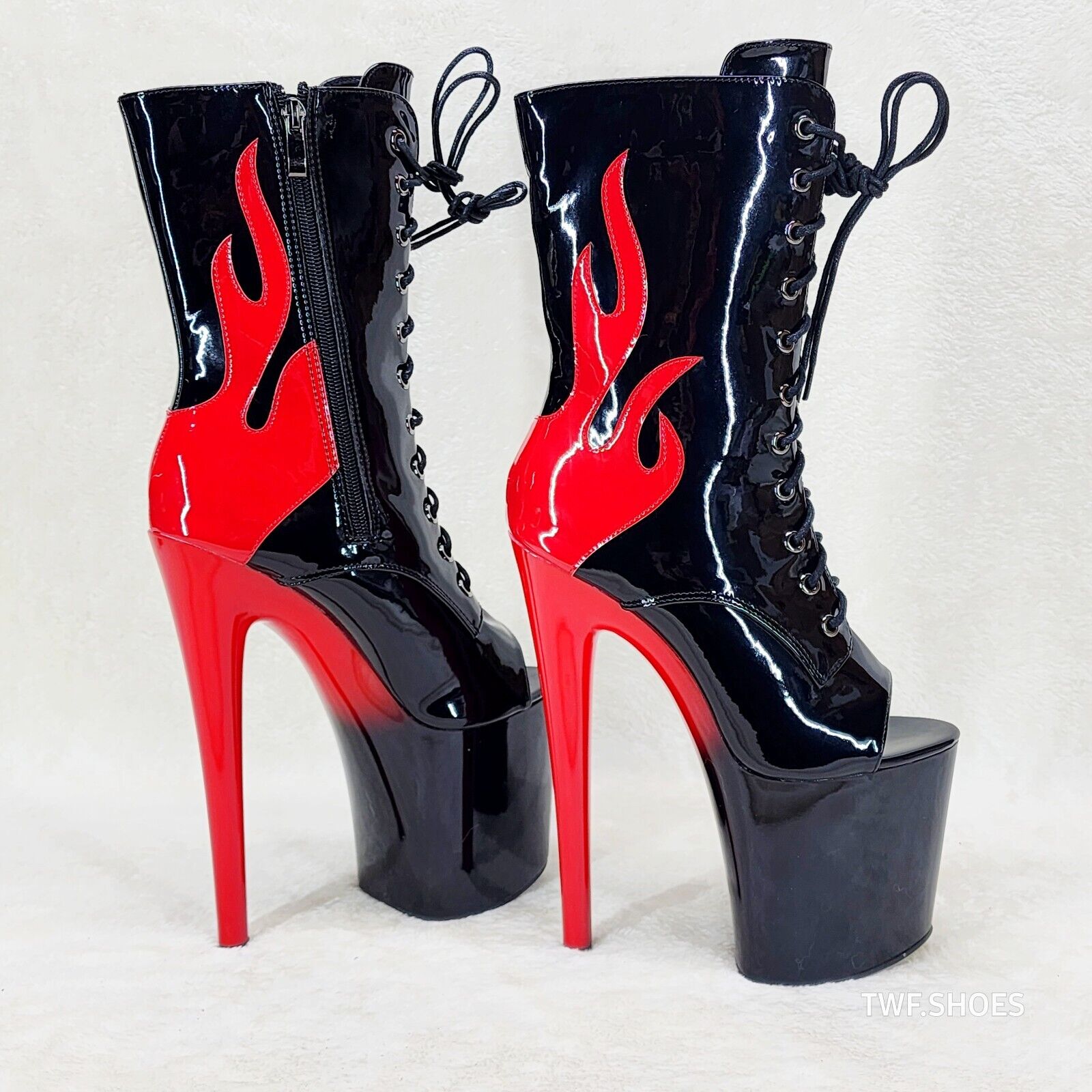 Bulls Black Patent Open Toe Red Flame Platform High Heel Mid Calf Boots - Totally Wicked Footwear