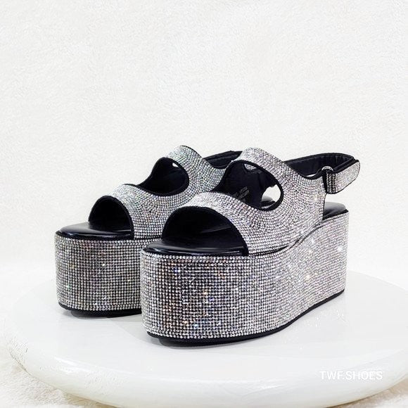 Oh Yeah Black 3" Platform Sparkling Iridescent Rhinestone Flatform Sandals - Totally Wicked Footwear