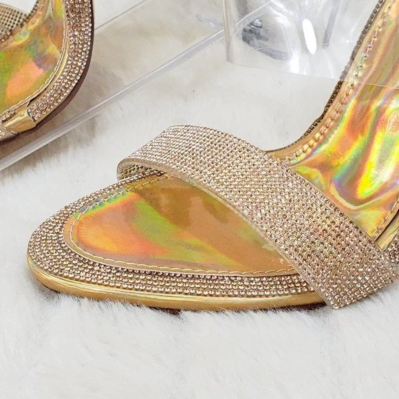 Lee Gold Rhinestone Slip On Double Strap High Heel Clog Mule Shoes