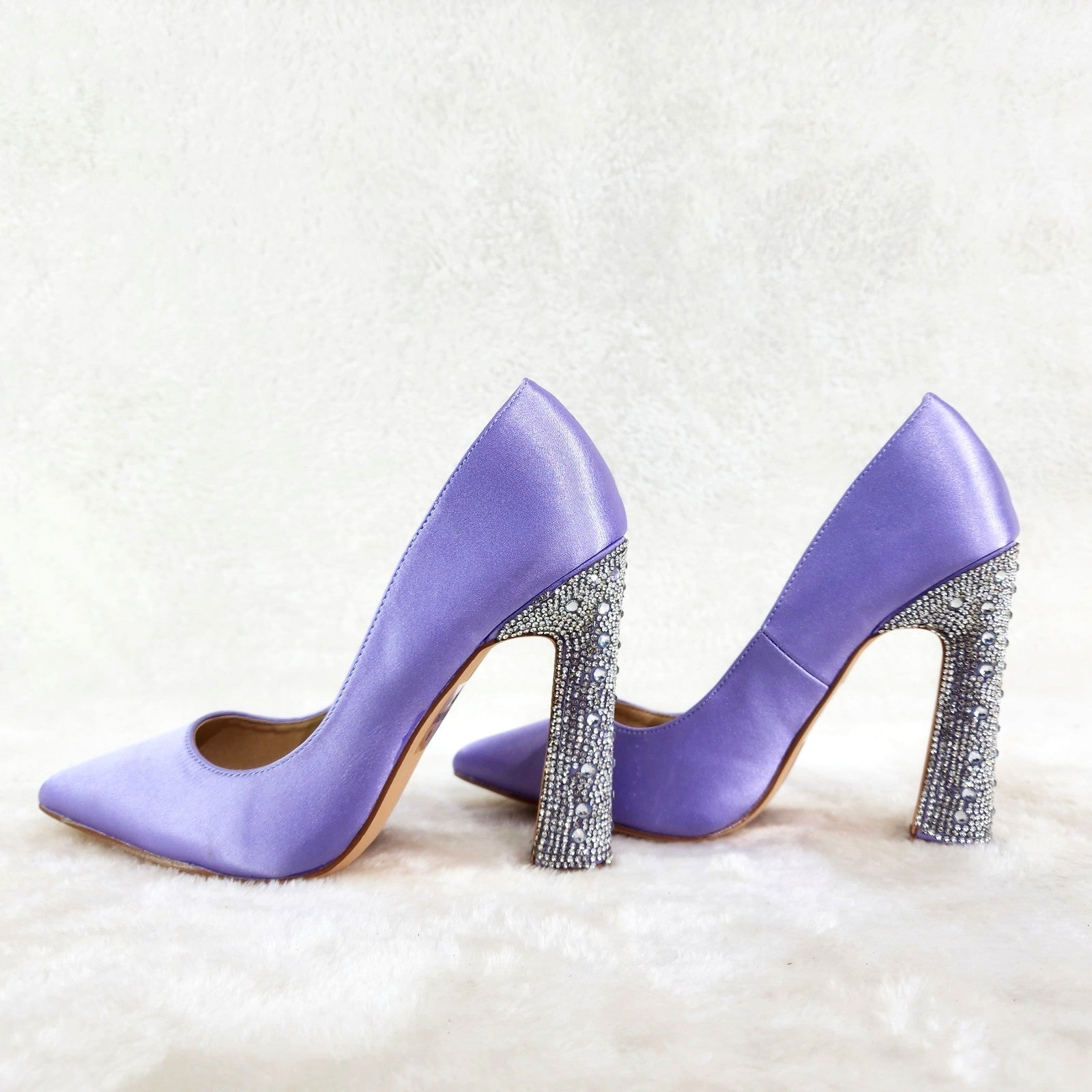 Klume Lilac Purple Satin Pumps Chunky Rhinestone High Heel Evening Party Shoes