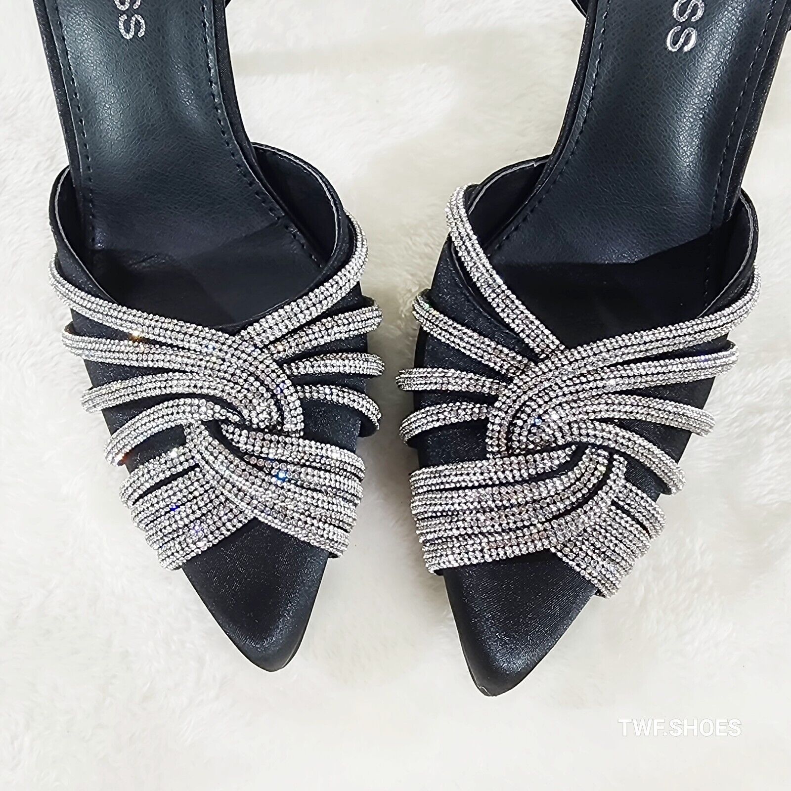 Elegance Slip on Slingback Black Satin Rhinestone Pointy Toe High Heels Shoes - Totally Wicked Footwear