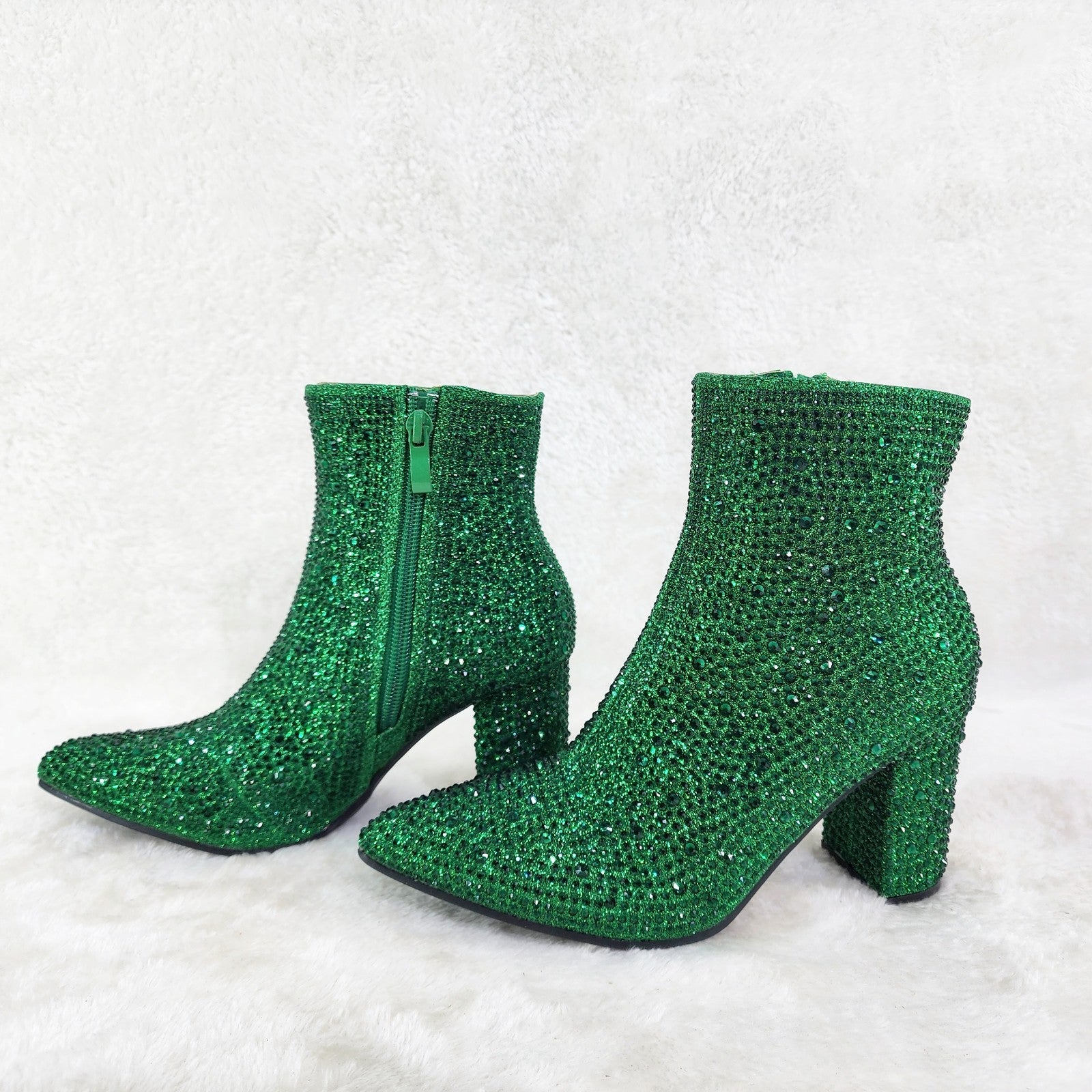 Crystel Emerald Green Rhinestone Block Heel Ankle Boots