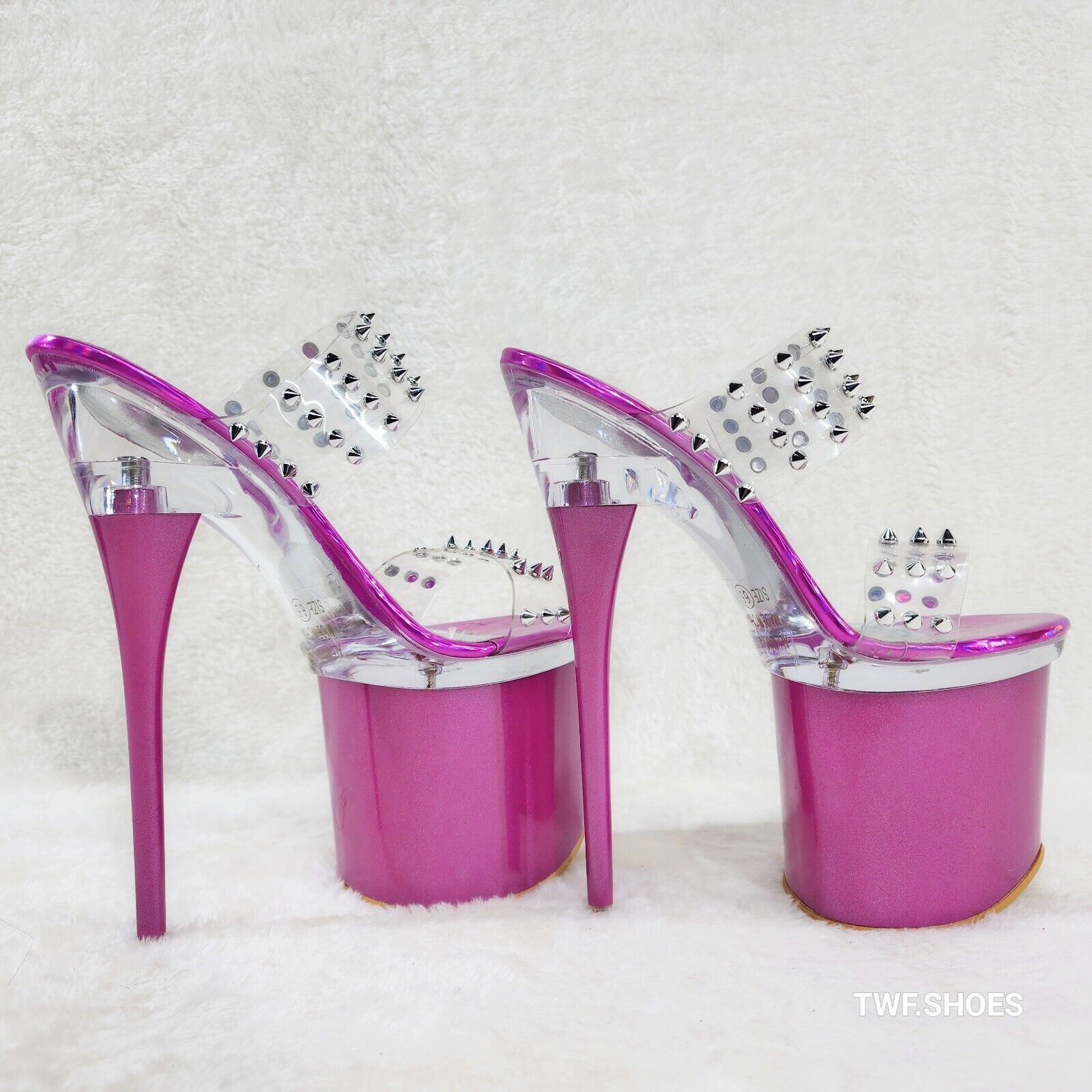 Bulls Sleek Slim 8" Towering Platform Heels Purple Double Clear Spiked Straps Sl - Totally Wicked Footwear