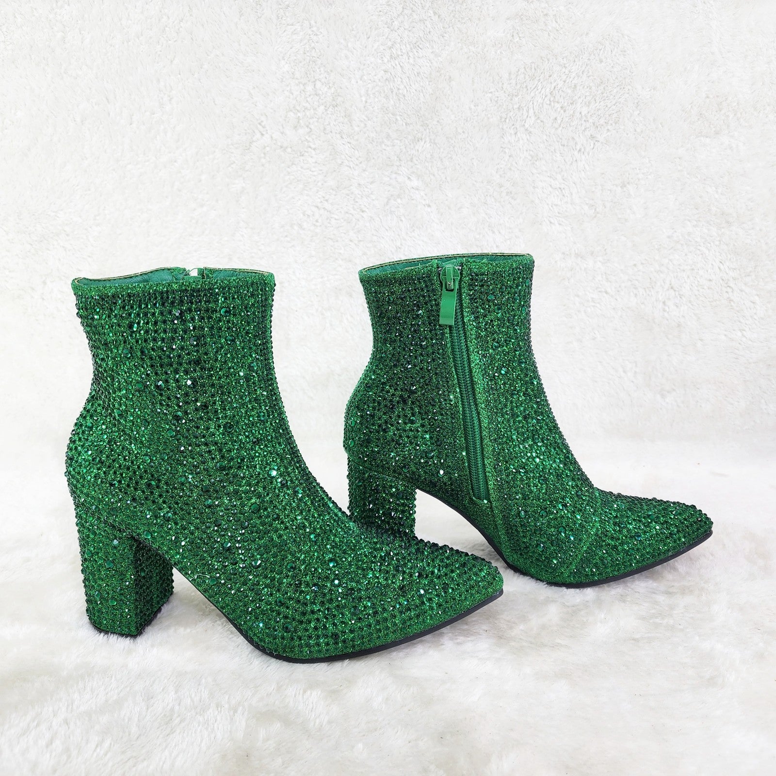 Crystel Emerald Green Rhinestone Block Heel Ankle Boots