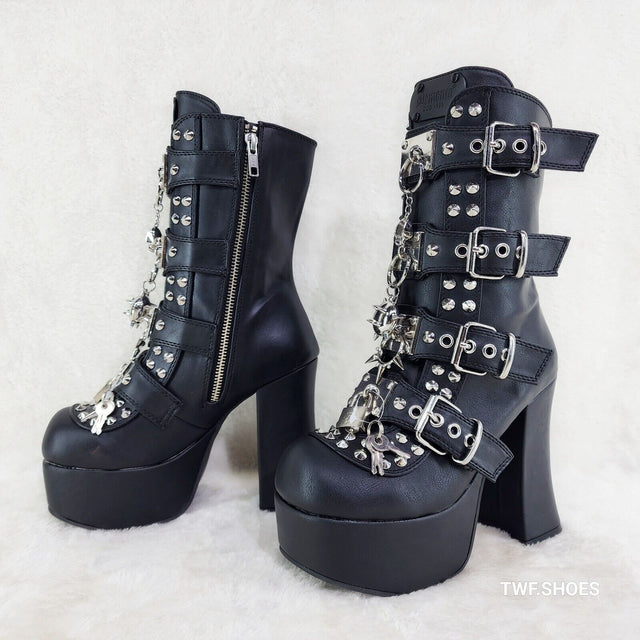 Charade 118 Mace Charms Platform Chunky Heel Goth Mid Calf Boot IN HOUSE DEMONIA