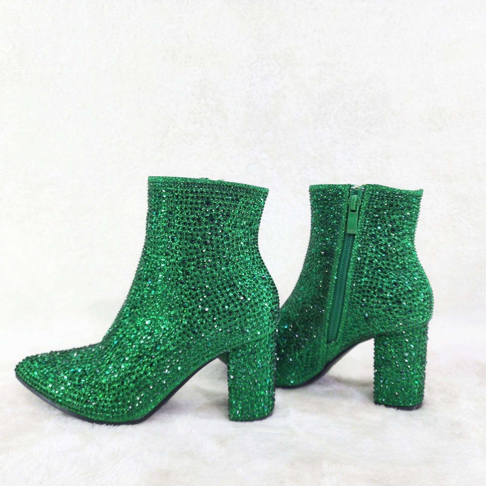 Crystel Emerald Green Rhinestone Block Heel Ankle Boots