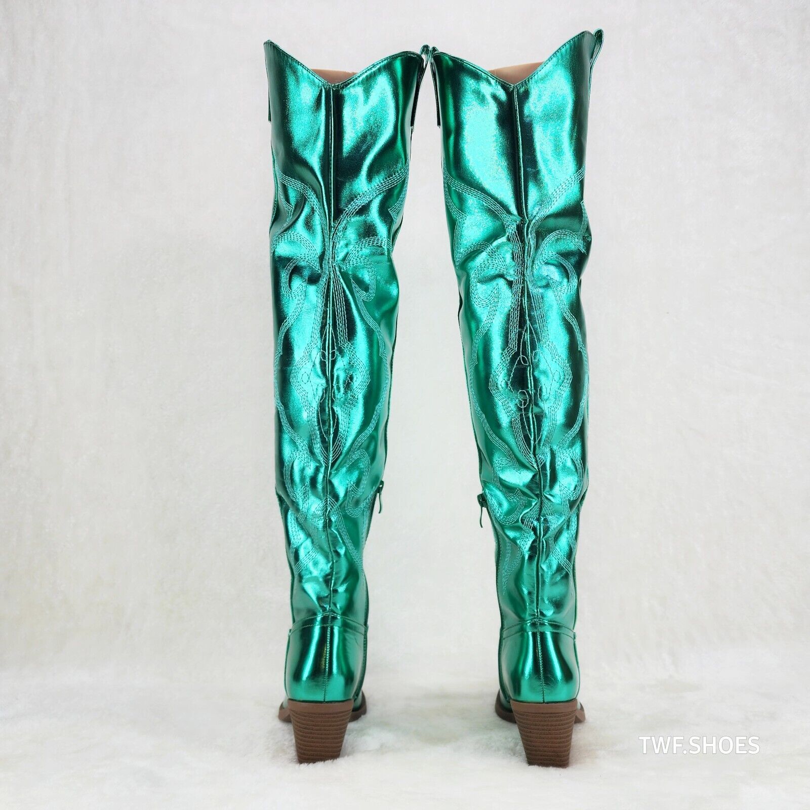 Country Disco Cowboy Metallic Green Western Cowgirl OTK Thigh Boots - Totally Wicked Footwear