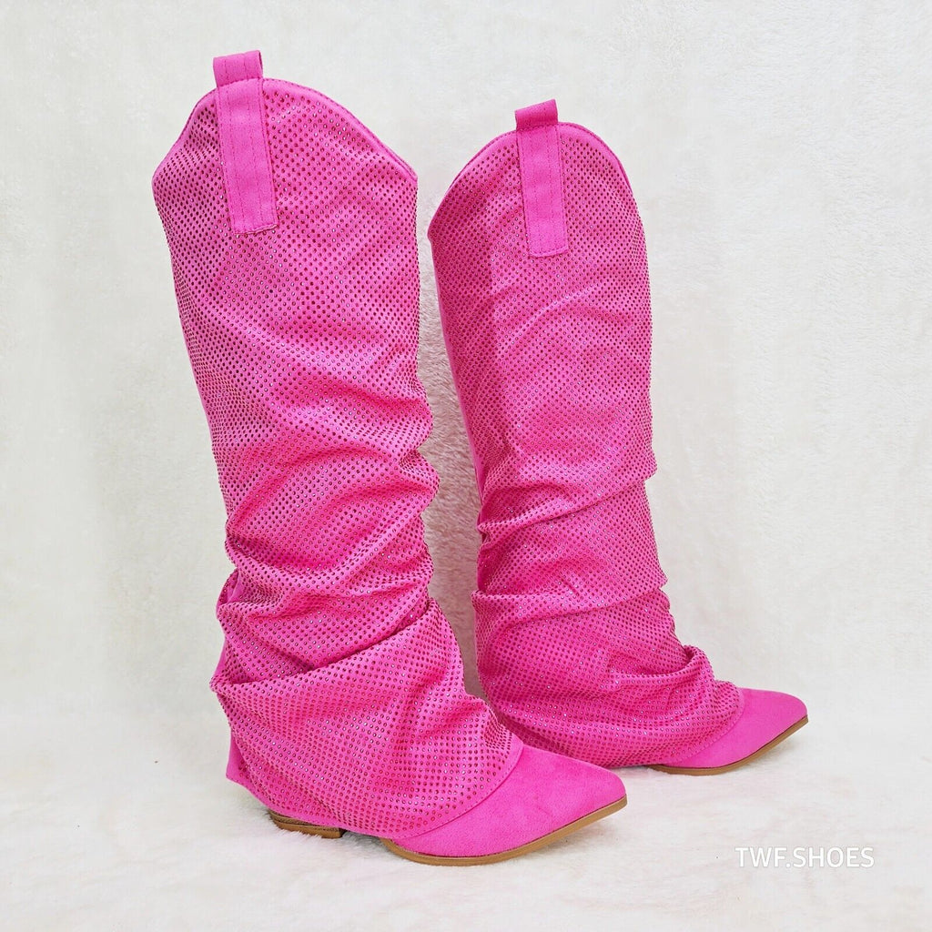 Country Twist Fuchsia Draped Rhinestone Fold Over Western Cowgirl Boots - Totally Wicked Footwear