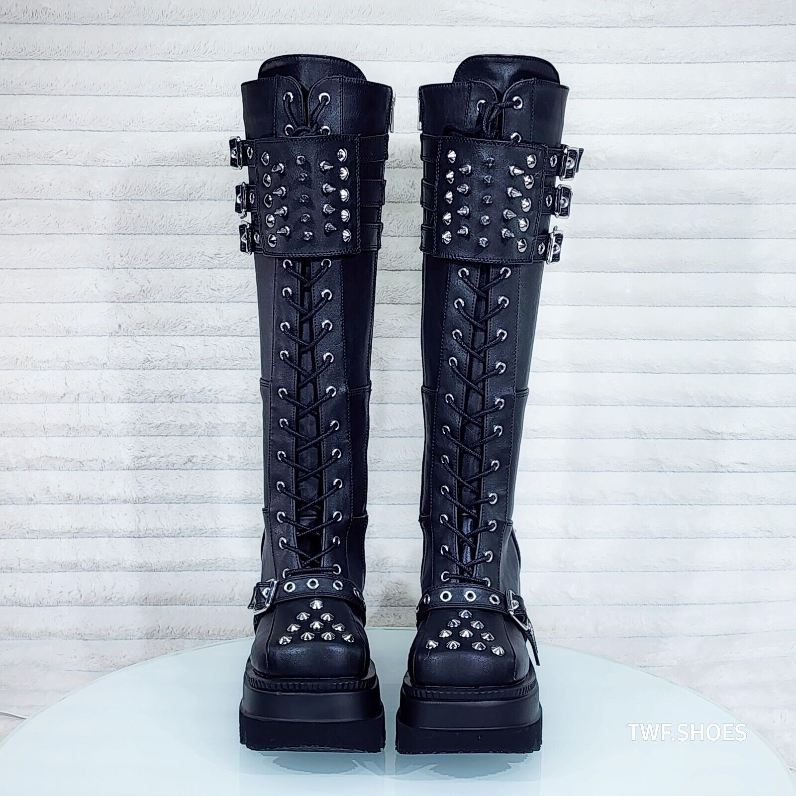 Shaker 225 Black Matte Platform 4.5" Wedge Heel Spiked Knee Boots NY DEMONIA - Totally Wicked Footwear