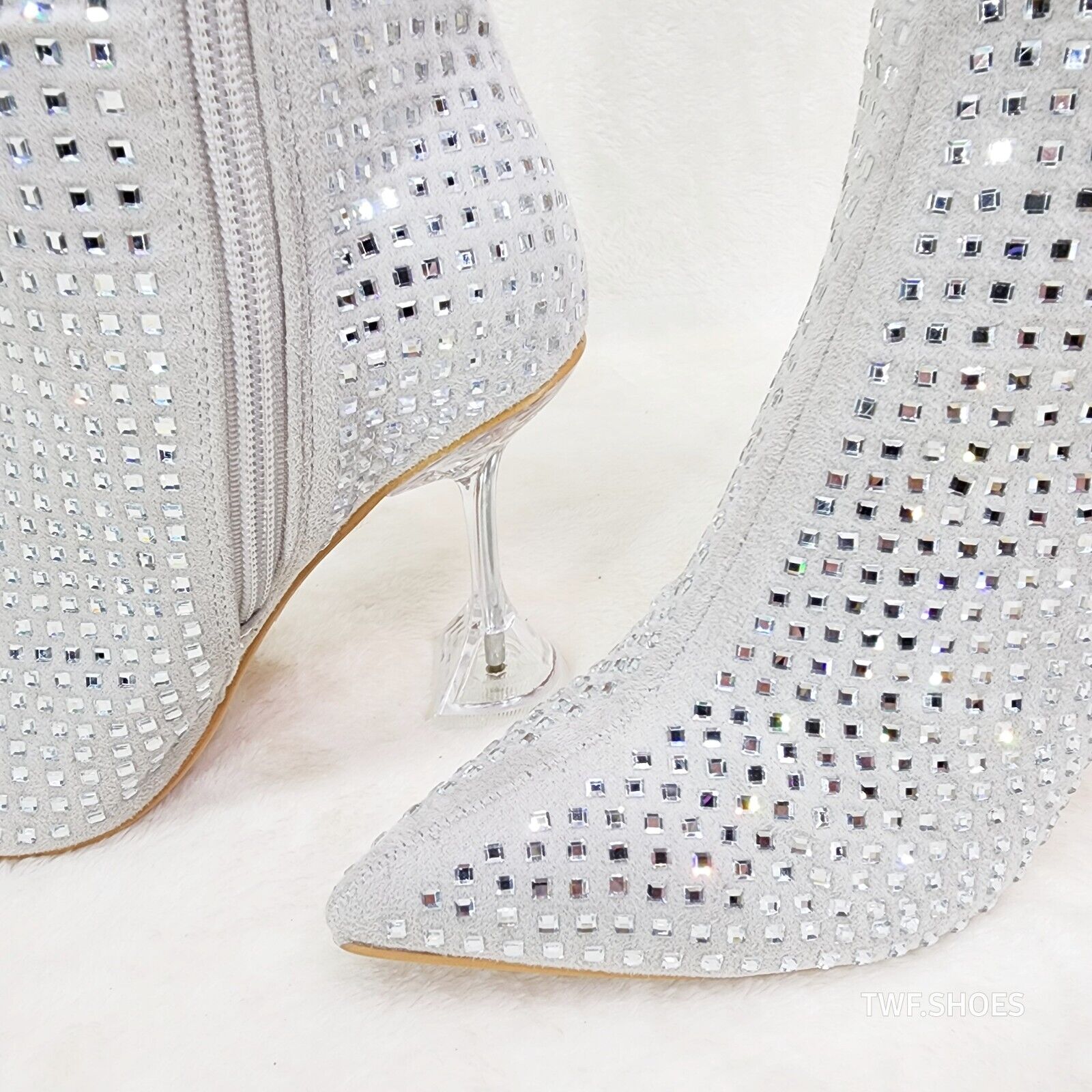 Glamour Shot Mirrored Rhinestone 4" Pyramid Heel Knee Boots Silver Gray - Totally Wicked Footwear