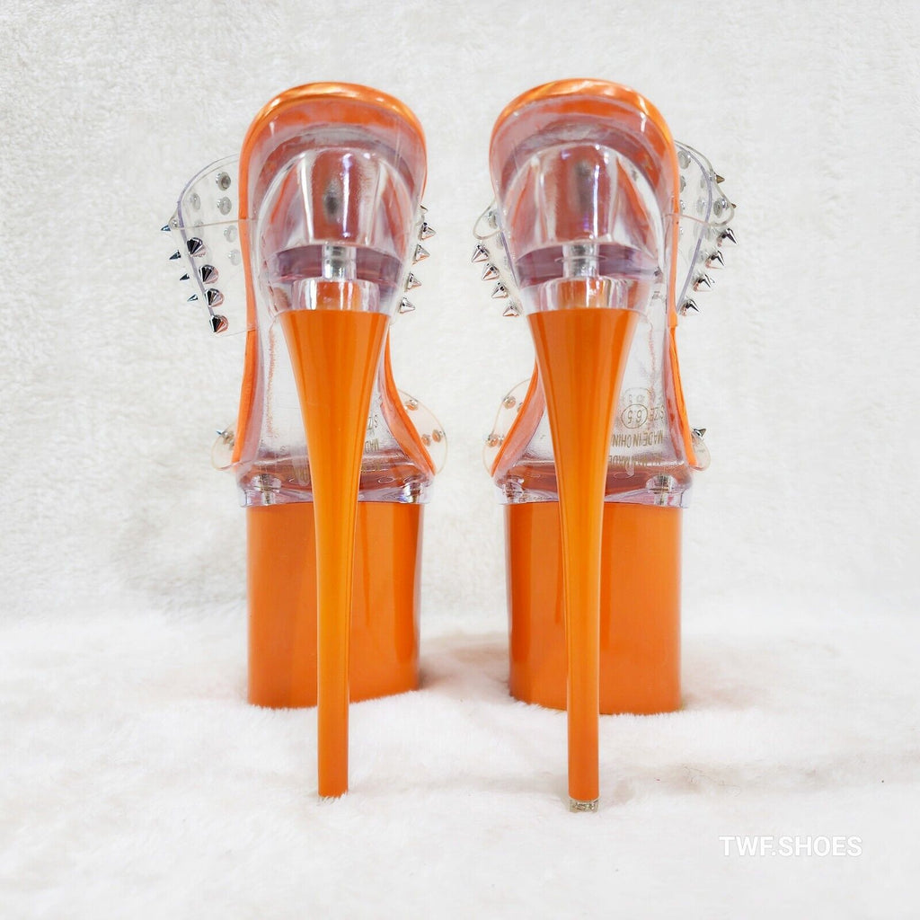 Bulls Sleek Slim 8" Towering Platform Heels Orange Double Clear Spiked Straps - Totally Wicked Footwear
